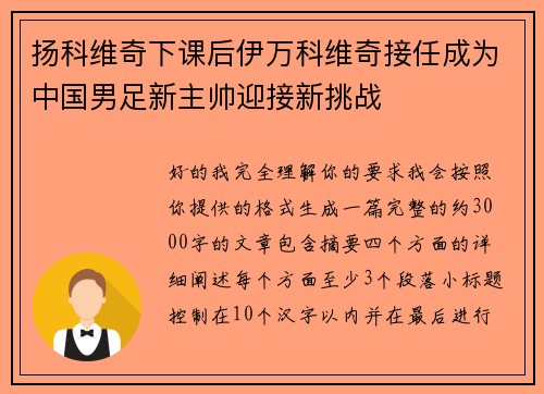 扬科维奇下课后伊万科维奇接任成为中国男足新主帅迎接新挑战